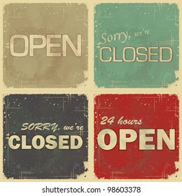 Set of signs: Open - closed - 24 hours, Retro style vector illustration
