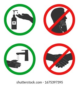 Set of signs of permitted and prohibited actions for the prevention of the SARS and coronavirus epidemic. Vector illustration