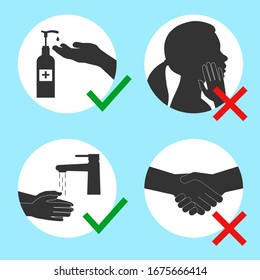 Set of signs of permitted and prohibited actions for the prevention of the SARS and coronavirus epidemic. Vector illustration