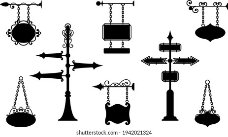 Set of signs, pointers and  signboard in vintage style.  Collection of empty signboard hanging on chains. Road signs and arrows pointers with empty space for text. Isolated silhouette. Vector