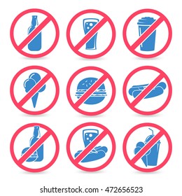 set of signs prohibiting eating or drinking.