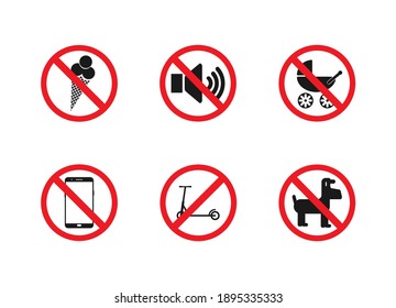 Set of signs prohibiting entry into the premises: ice cream, phone on, baby carriage, scooter, animals, loud sounds.