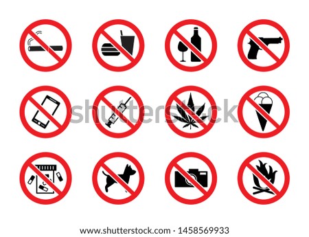 Set of signs prohibiting public use of alcohol, weapons and other means vector illustration isolated on white background. Black icons of forbidden subjects in red frame.