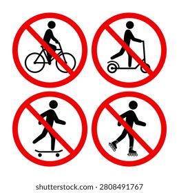 A set of signs prohibiting roller skating, scooters, bicycles and skateboards.