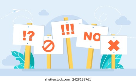 Conjunto de carteles con signos de prohibición, negativa, negativa, en contra, protesta, no. Sin elección de respuesta, carteles sin signo, persona dice no votar. Desacuerdo, protesta, queja. Ilustración de vector 