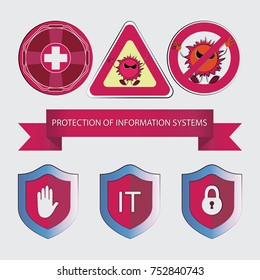 Set of signs and a ribbon.  Emblems, icons. The concept of computer repair. Technical support of information systems. Protection and treatment.