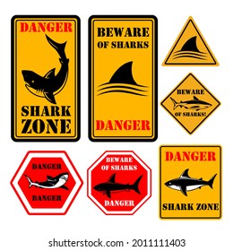 Set of signs with shark. Danger. Shark zone. Sign with shark fin. Vector illustration