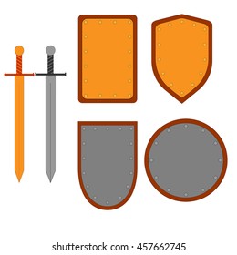 Set of signs shield, sword. Combat colorful icon isolated on white background. Silver, gold images. Flat mark. Symbol of a steel, bronze elements. Logo for military, security. Stock vector ilustration
