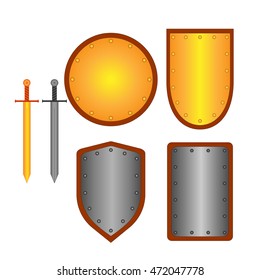 Set of signs shield, sword. Combat icon isolated on white background. Silver, gold images. Mark with volume effect. Symbol of a metal elements. Logo for military, security. Stock vector ilustration