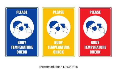 Set of signs or stickers with the inscription Please body temperature check. Stickers for floor and walls.  Protection from Covid-19. Flat vector.