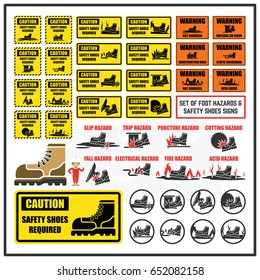 Set of Signs and Symbol of Foot Hazards and Safety Shoes