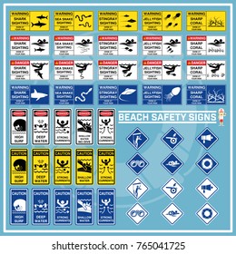 Set of signs and symbols of beach safety warning, Safety signs for use as beach safety rules