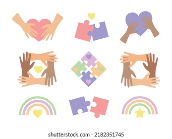 Set of signs and symbols of friendship - joined hands, hearts, puzzle elements. International friendship day. Mutual understanding or assistance, love, help and support concept between people, friends