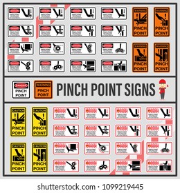 Set of signs and symbols of pinch point, Pinch point safety caution signs use to define any point where it is possible for a body part to be caught in or between objects.