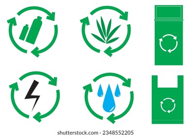 Set of signs and symbols for recycling and environmental protection. Green, blue and black icons, white background.