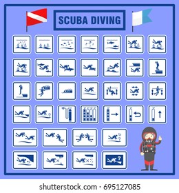 Set of signs and symbols of scuba diving, Signs and symbols for scuba diving safety rules and regulations, Create in new design and easy for people to understand
