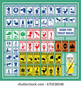 Set of Signs and Symbols of Toilet Rules and Toilet Safety Regulations