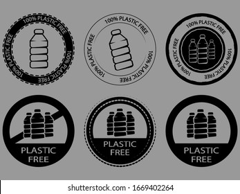 A set of signs with text "Plastic free". Icon or stamp with text "Plastic free" for a different package. Biodegradable symbol. Round symbol with plastic bottle inside in black color on grey background