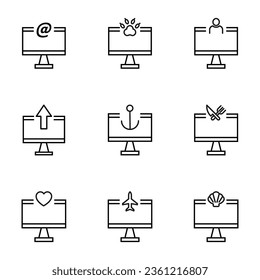Set of signs for UI, adverts, books drawn in line style. Editable stroke. Icons of paw, at sign, user, arrow, anchor, heart, plane on computer 