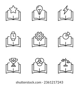 Set of signs for UI, adverts, books drawn in line style. Editable stroke. Icons of star, lamp, lightning, watch, gear, chart, win, intersected circles, scales over book 