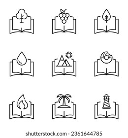 Set of signs for UI, adverts, books drawn in line style. Editable stroke. Icons of tree, grape, drop, mountain, donut, fire, palm, lighthouse over book 