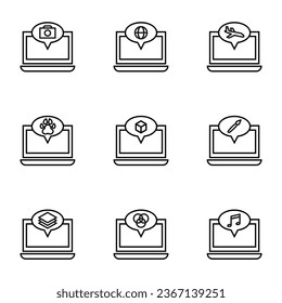 Ensemble de signes pour l'interface utilisateur, publicités, livres dessinés en ligne. Barrage modifiable. Icônes de la caméra, de la planète, de l'avion, de la patte, du cube, de la brosse, des documents, de la note musicale sur l'ordinateur portable 