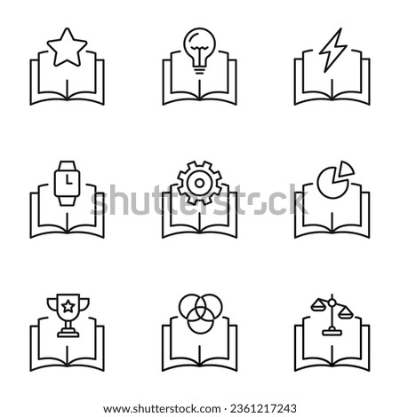 Set of signs for UI, adverts, books drawn in line style. Editable stroke. Icons of star, lamp, lightning, watch, gear, chart, win, intersected circles, scales over book 