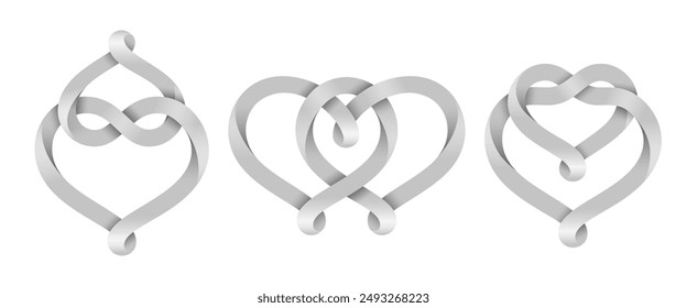 Conjunto de signos de la unión de dos corazones hechos de rayas móviles entrelazadas. Símbolos del amor eterno. Ilustración vectorial aislada sobre un fondo blanco.