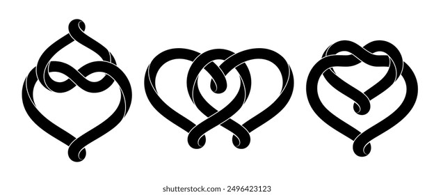 Conjunto de signos de la unión de dos corazones hechos de rayas móviles entrelazadas. Símbolos estilizados del amor eterno por el diseño del tatuaje. Ilustración vectorial aislada sobre fondo blanco.