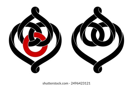 Conjunto de signos de la unión de dos corazones entrelazados. Símbolos estilizados del amor eterno por el diseño del tatuaje. Ilustración vectorial aislada sobre fondo blanco.