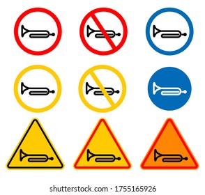 Un conjunto de signos usando un cuerno. Está permitido y prohibido tocar la bocina. Forma redonda y triangular del signo. Ilustración vectorial en fondo aislado blanco.