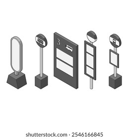 Un conjunto de señales para varias paradas de autobús. Ilustraciones de paradas de autobús desde las tradicionales hasta las Grandes terminales de autobuses. Blanco y negro, con líneas principales, dibujo isométrico, método del plano izquierdo.