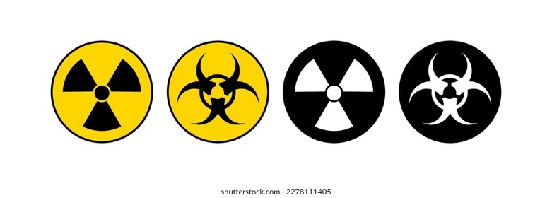 Set of signs Warning signs. Flat, yellow, radioactive threat, chemical threat. Vector illustration