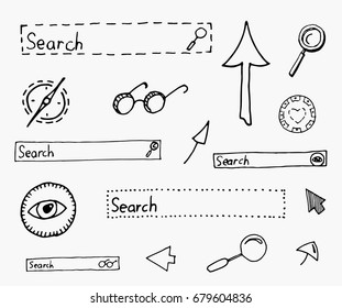 Set of signs for web.  search, arrow, magnifying glass. Hand draw  Vector Illustration.