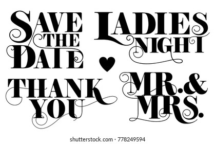 Set of signs for wedding invitations, related events, expressions