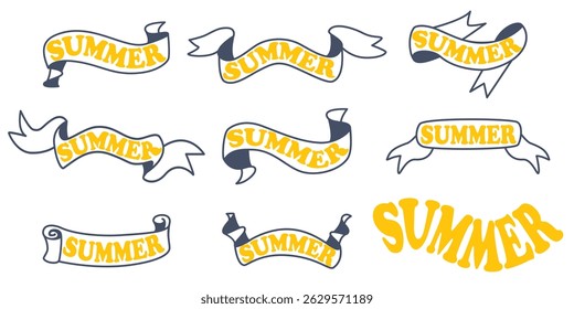 Set of signs with word summer. Lettering on ribbon. Seasonal ribbon emblem with the inscription. Vector element