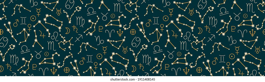 
Set of signs of the zodiac, constellations. Horoscope symbols, stars, planets and moon phases. Pattern of astrological signs, on a green background. Illustrations for ancient alchemy.