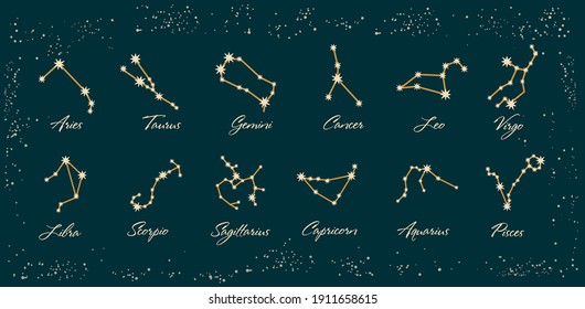 Set of signs of the zodiac, constellations. Horoscope symbols, stars, vector set of astrological signs, on a green background. Illustrations for ancient alchemy. Astrological constellations