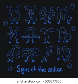 Set Signs of the zodiac. Horoscope hand drawing. Lovely characters with eyes and legs. The blue outline hand drawing isolated on a black background. Astrology.