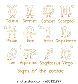 Set Signs of the zodiac. Horoscope hand drawing. Lovely characters with eyes and legs. The gold outline hand drawing isolated  on a white background. Astrology.