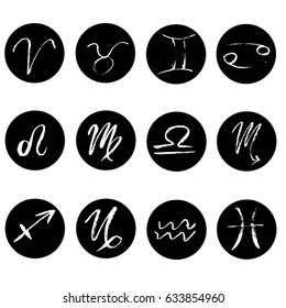 Set of signs of Zodiac icons. Hand drawn elements made with dry brush. Symbols of zodiac horoscope. Vector black and white illustration