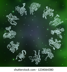 set with signs of zodiac on space