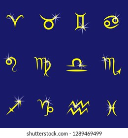 Set of signs of zodiac with shiny stars on blue background