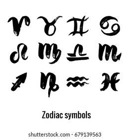 Set Signs of the zodiac. Symbol hand draw brush. Black silhouette. Vector illustration isolated on a white background.