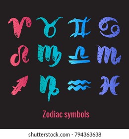 Set Signs of the zodiac. Symbol hand draw Aries, Taurus, Gemini, Cancer, Leo, Virgo, Libra, Scorpio, Sagittarius, Capricorn, Aquarius, Pisces. Vector  isolated on a black background. 