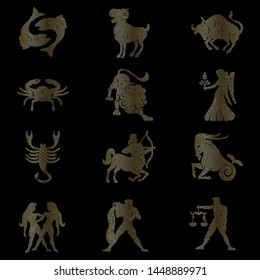 Set of signs of the zodiac, symbols of the zodiac, linear drawing, signs of the zodiac with golden lines on a black background, vector illustration, eps 10
