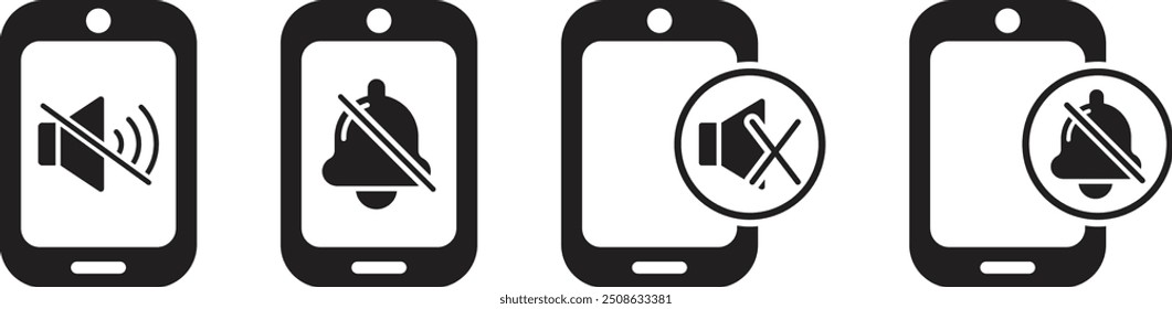 Set of silent mode on smart phone vector icon. Silent mode on phone. Turn down the volume. It is forbidden to use cell phones, sounds. Volume off on phone. Hang up. Vector warning icon