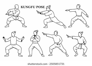 Set of silhouete black and white kungfu pose, sport pose 