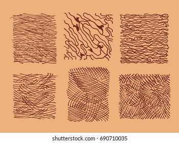 Set of silhouette abstract ornaments with shading. Intersecting strokes drawn brush and marker.