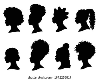 Set of silhouette afro girl. Collection of black  woman face  with stylized hairstyle. Vector illustration of girl head with stylized haircut.